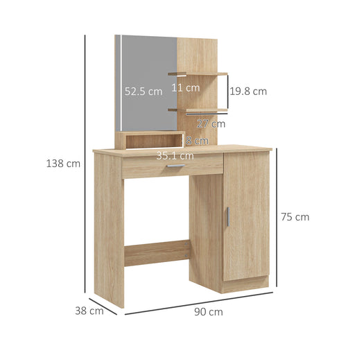 Vanity Table, Makeup Table with Mirror and Storage, Maple Wood-effect