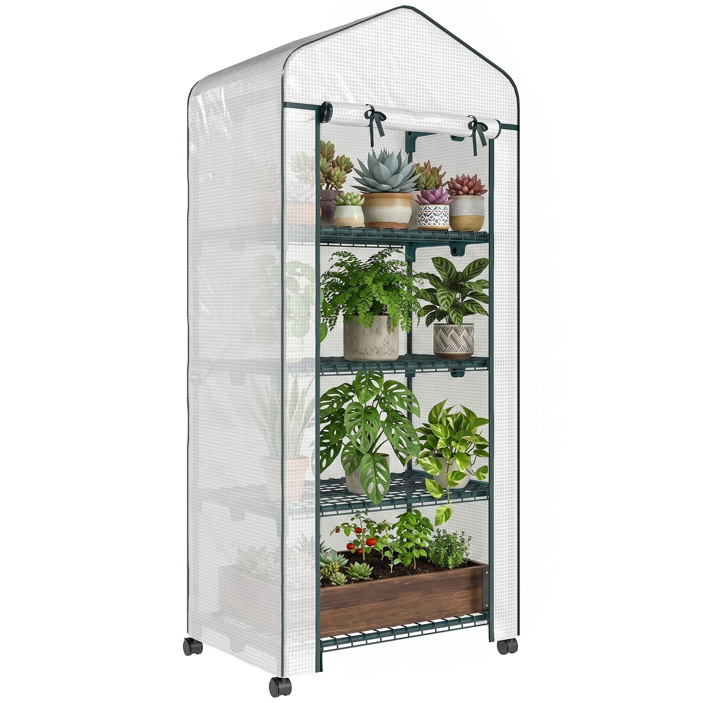 4 Tiers Mini Portable Greenhouse Compact Plant Grow Shed Metal Frame Transparent Clear Cover 165H x 69L x 50W cm, White