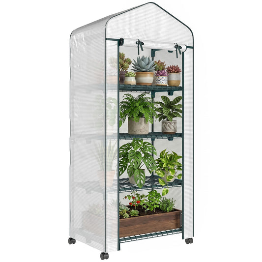 4 Tiers Mini Portable Greenhouse Compact Plant Grow Shed Metal Frame Transparent Clear Cover 165H x 69L x 50W cm, White