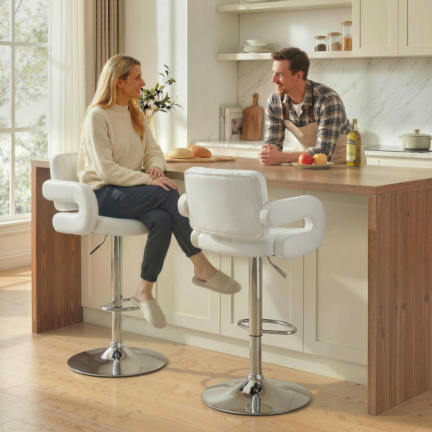 Bar Stools Adjustable Swivel with Armrest Set of 2 White