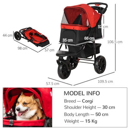 Folding Pet Stroller 3 Wheel Dog Jogger Travel Carrier Adjustable Canopy Storage Brake Mesh Window for Small Miniature Dog Cat Red