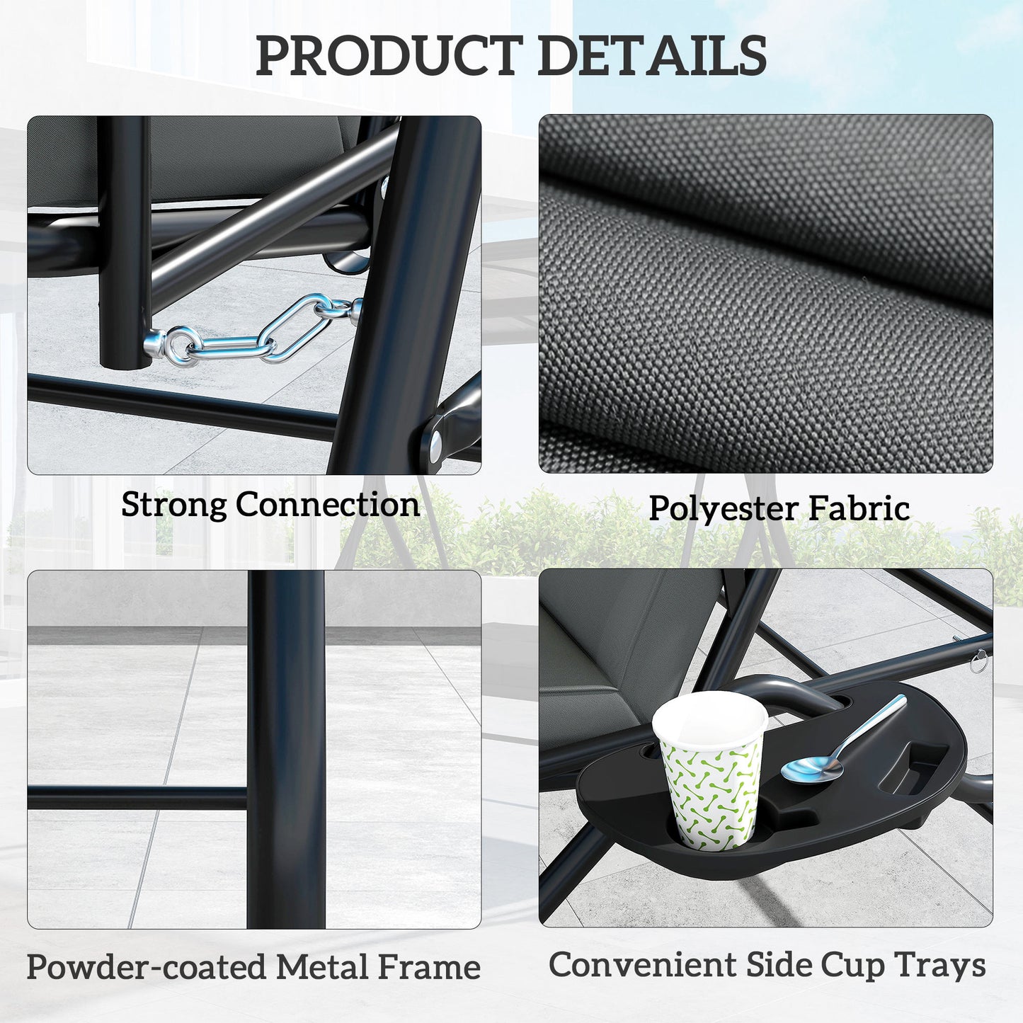 3 Seater Garden Swing Seat Bed, Convertible Swing Chair, Dark Grey