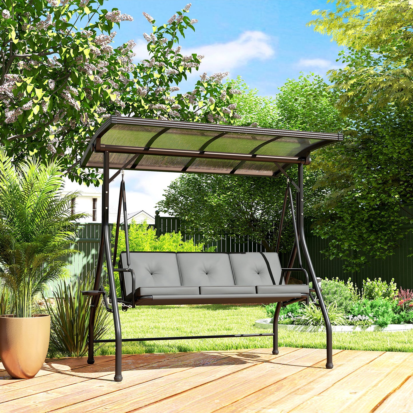3 Seater Garden Swing Seat Bed, Convertible Swing Chair, Dark Grey