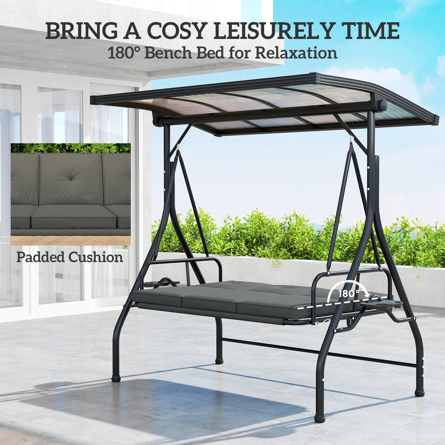 3 Seater Garden Swing Seat Bed, Convertible Swing Chair, Dark Grey