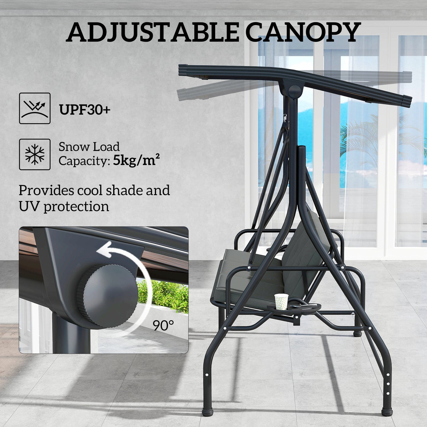 3 Seater Garden Swing Seat Bed, Convertible Swing Chair, Dark Grey