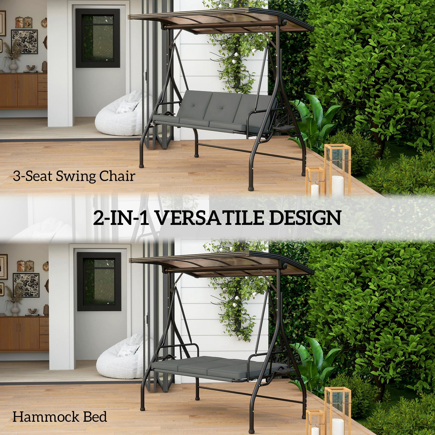 3 Seater Garden Swing Seat Bed, Convertible Swing Chair, Dark Grey