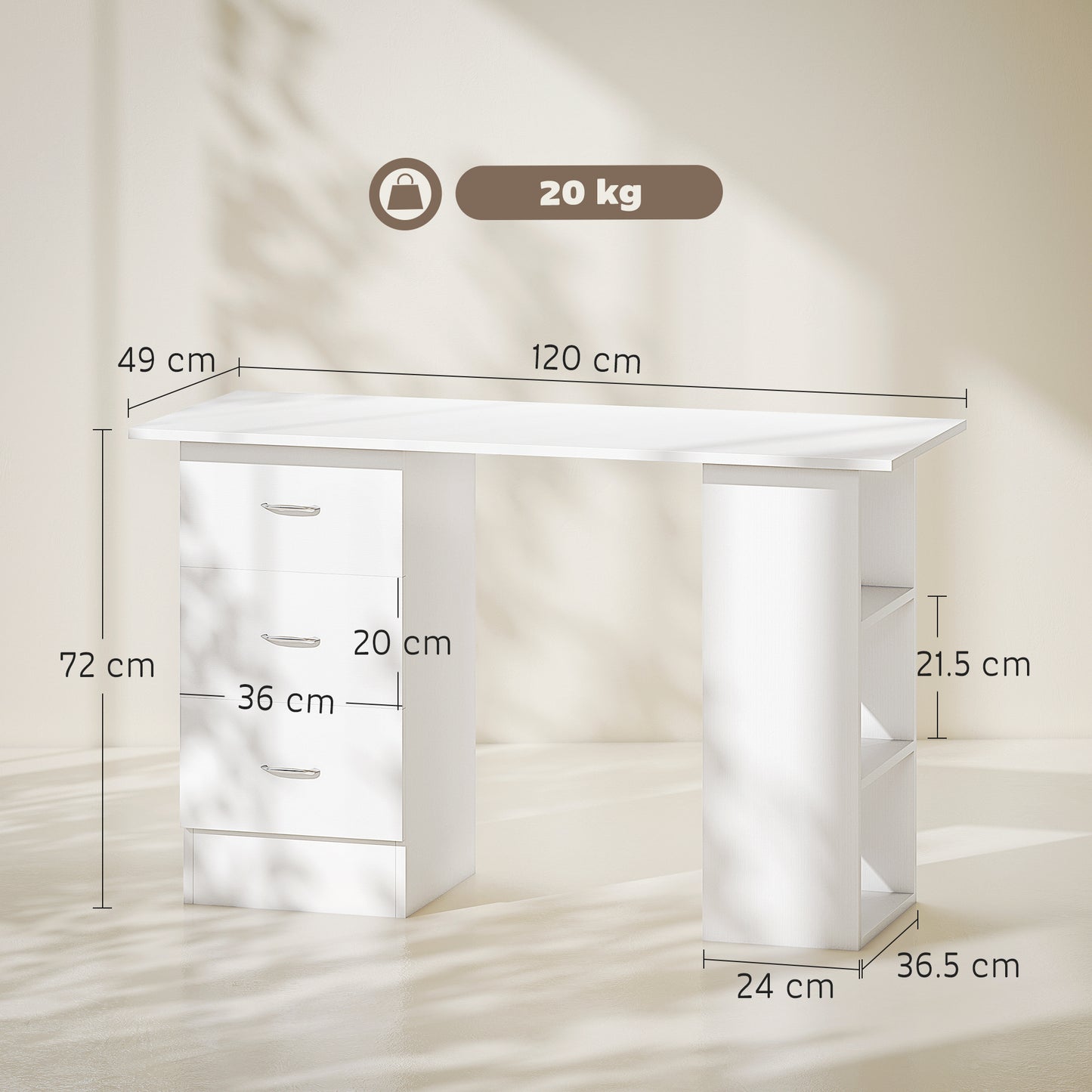120cm Computer Desk PC Table Workstation w/ 3 Shelf & Drawers White