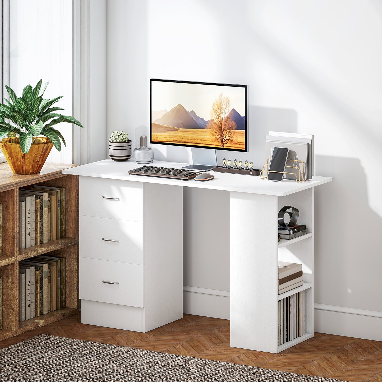 120cm Computer Desk PC Table Workstation w/ 3 Shelf & Drawers White