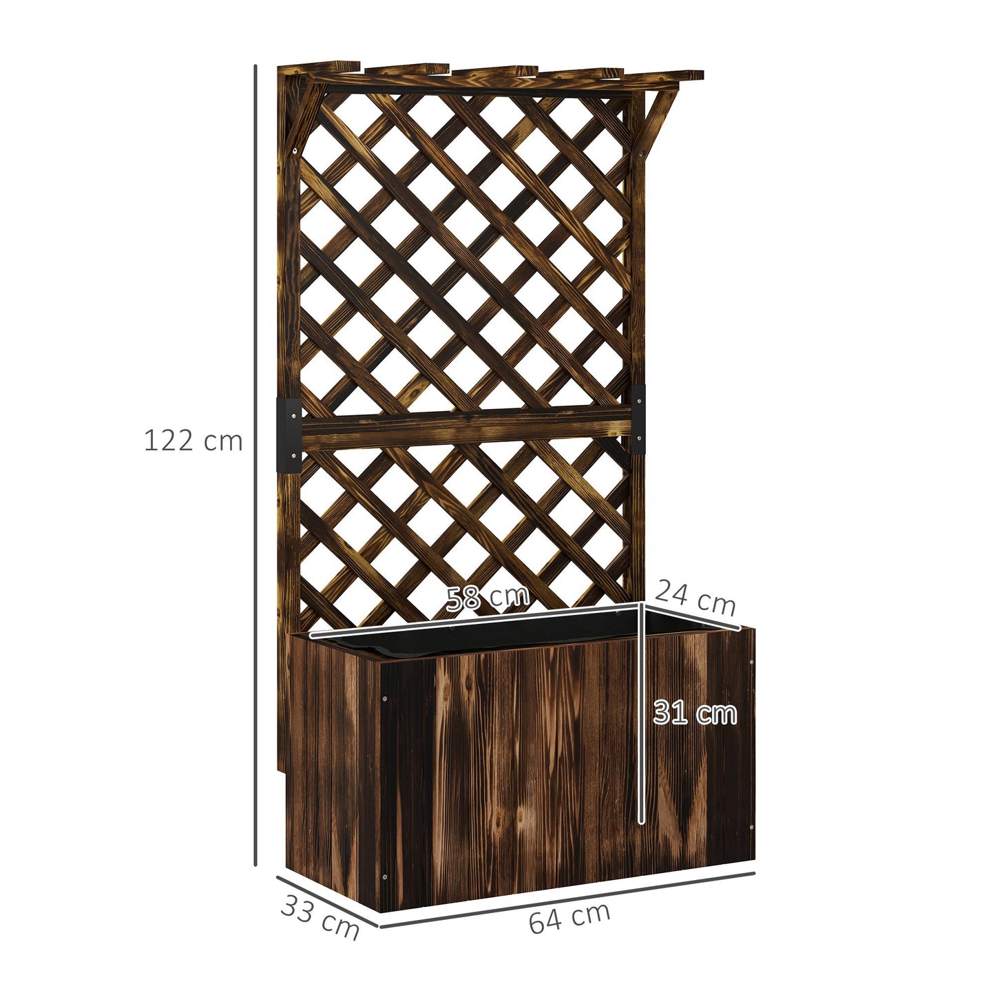 Wooden Planter with Trellis and Drainage Holes, Carbonised