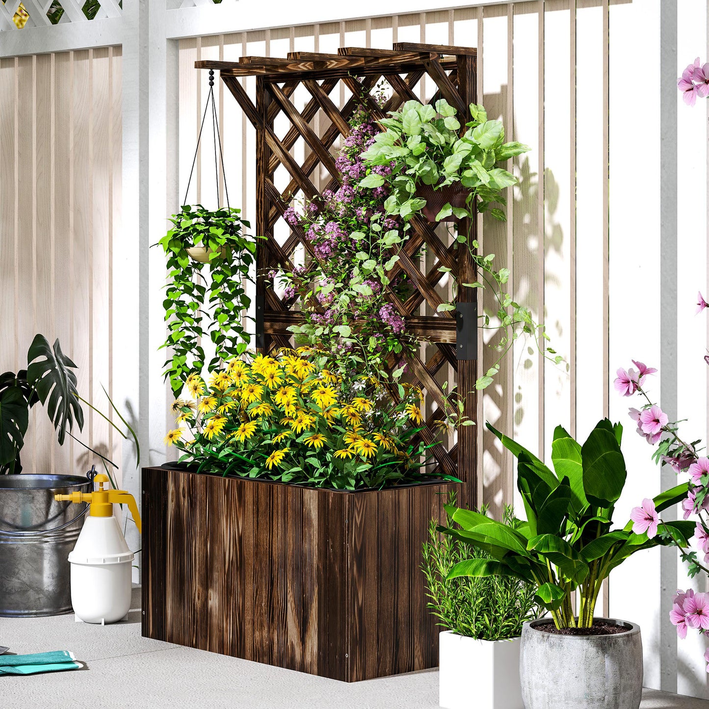 Wooden Planter with Trellis and Drainage Holes, Carbonised