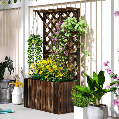 Wooden Planter with Trellis and Drainage Holes, Carbonised