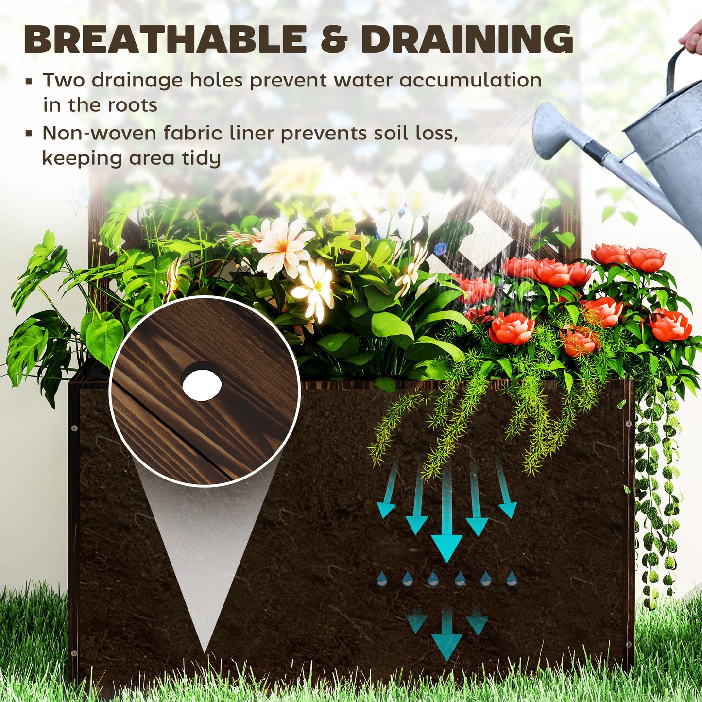 Wooden Planter with Trellis and Drainage Holes, Carbonised