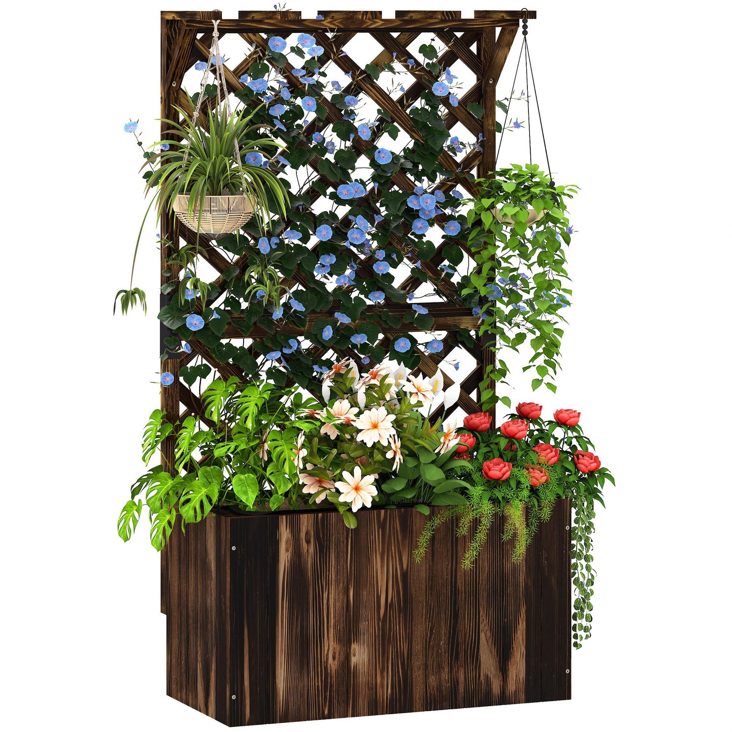 Wooden Planter with Trellis and Drainage Holes, Carbonised