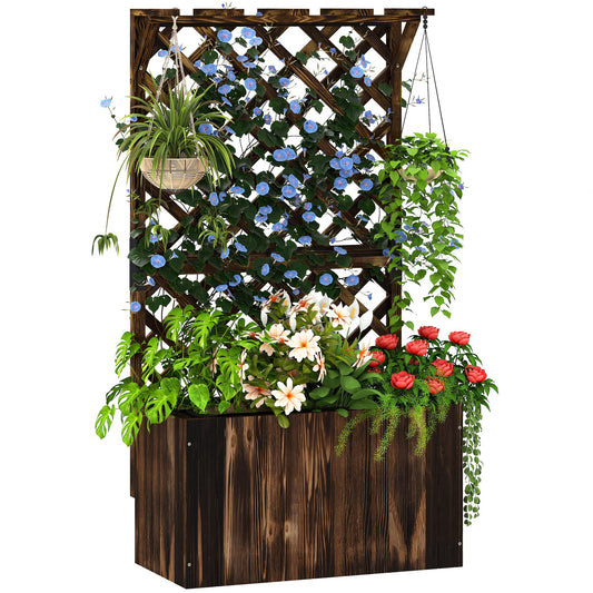 Wooden Planter with Trellis and Drainage Holes, Carbonised