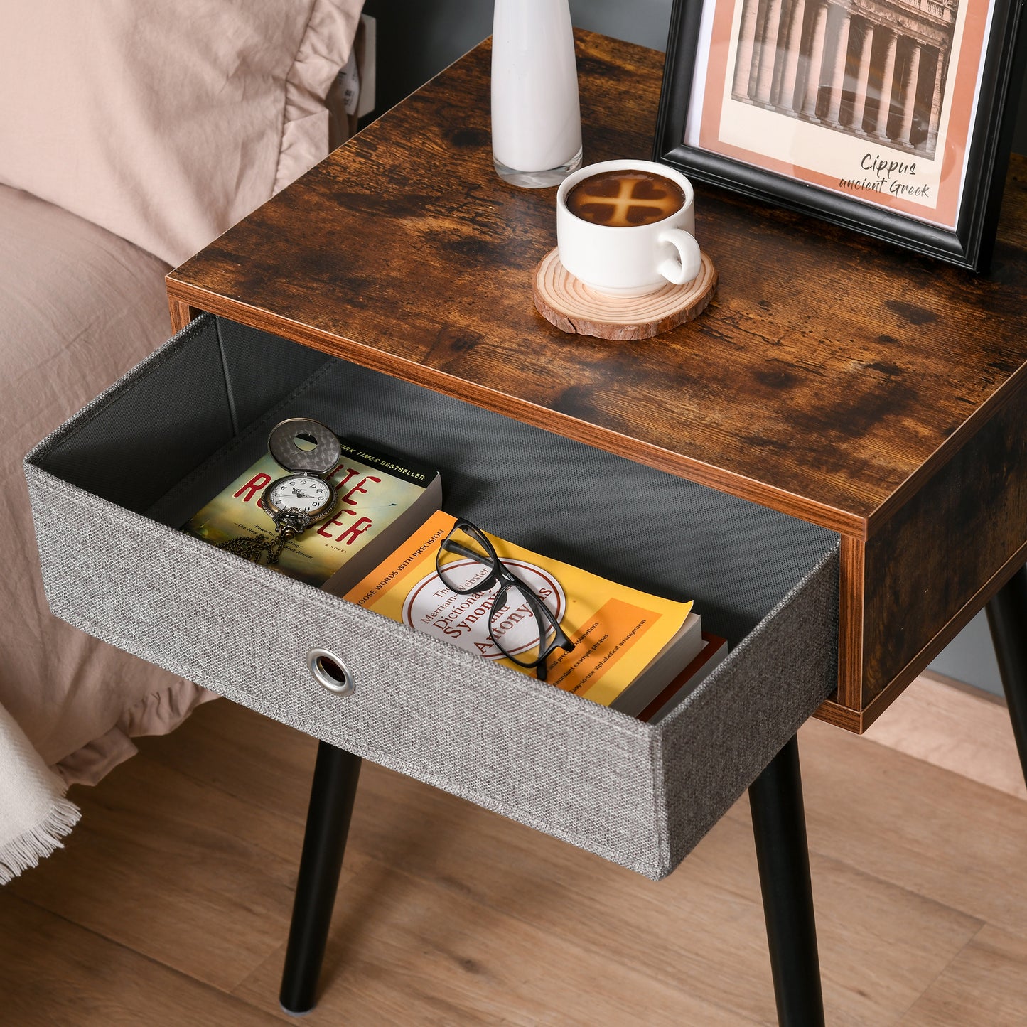 Side Table, Nightstand, End Table with Removable Fabric Drawer, Retro Style Accent Furniture with Wooden Legs, Rustic Brown and Black