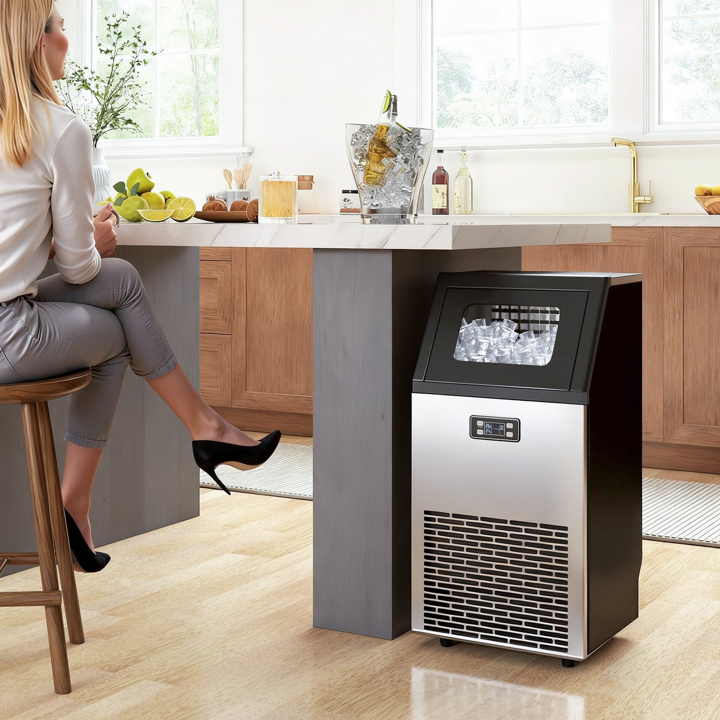 Freestanding Ice Machine with 45kg/24H Capacity, Commercial Ice Maker