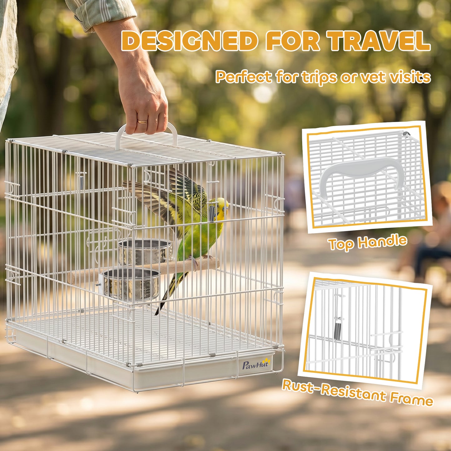Foldable Bird Cages, Metal Parrot Cage with Wooden Perch, 2 Bowls and Top Handle for Cockatiels, Parakeets, Finches, 49 x 31 x 40 cm, White