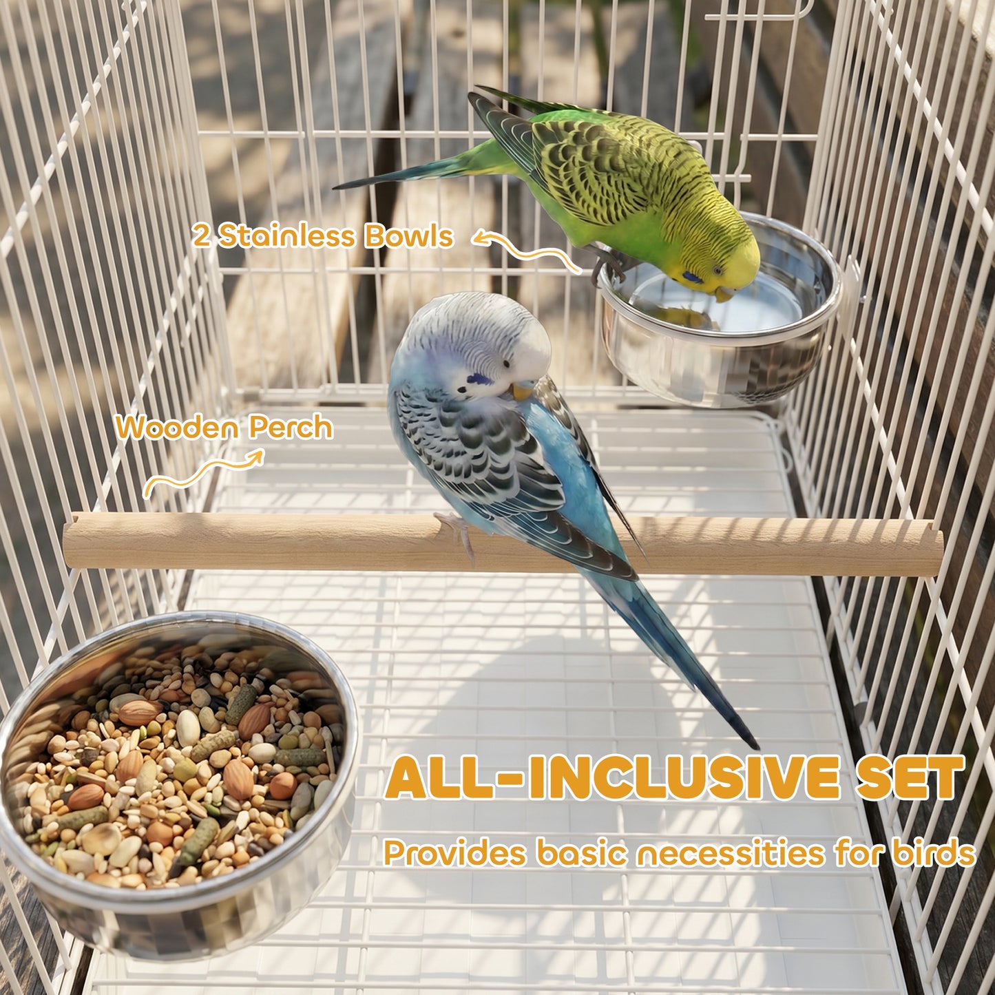 Foldable Bird Cages, Metal Parrot Cage with Wooden Perch, 2 Bowls and Top Handle for Cockatiels, Parakeets, Finches, 49 x 31 x 40 cm, White