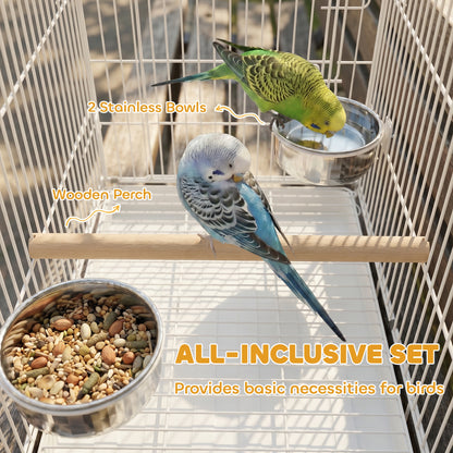 Foldable Bird Cages, Metal Parrot Cage with Wooden Perch, 2 Bowls and Top Handle for Cockatiels, Parakeets, Finches, 49 x 31 x 40 cm, White