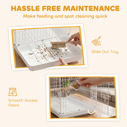 Foldable Bird Cages, Metal Parrot Cage with Wooden Perch, 2 Bowls and Top Handle for Cockatiels, Parakeets, Finches, 49 x 31 x 40 cm, White