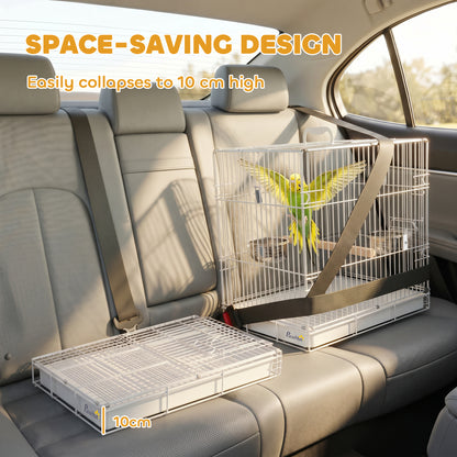 Foldable Bird Cages, Metal Parrot Cage with Wooden Perch, 2 Bowls and Top Handle for Cockatiels, Parakeets, Finches, 49 x 31 x 40 cm, White