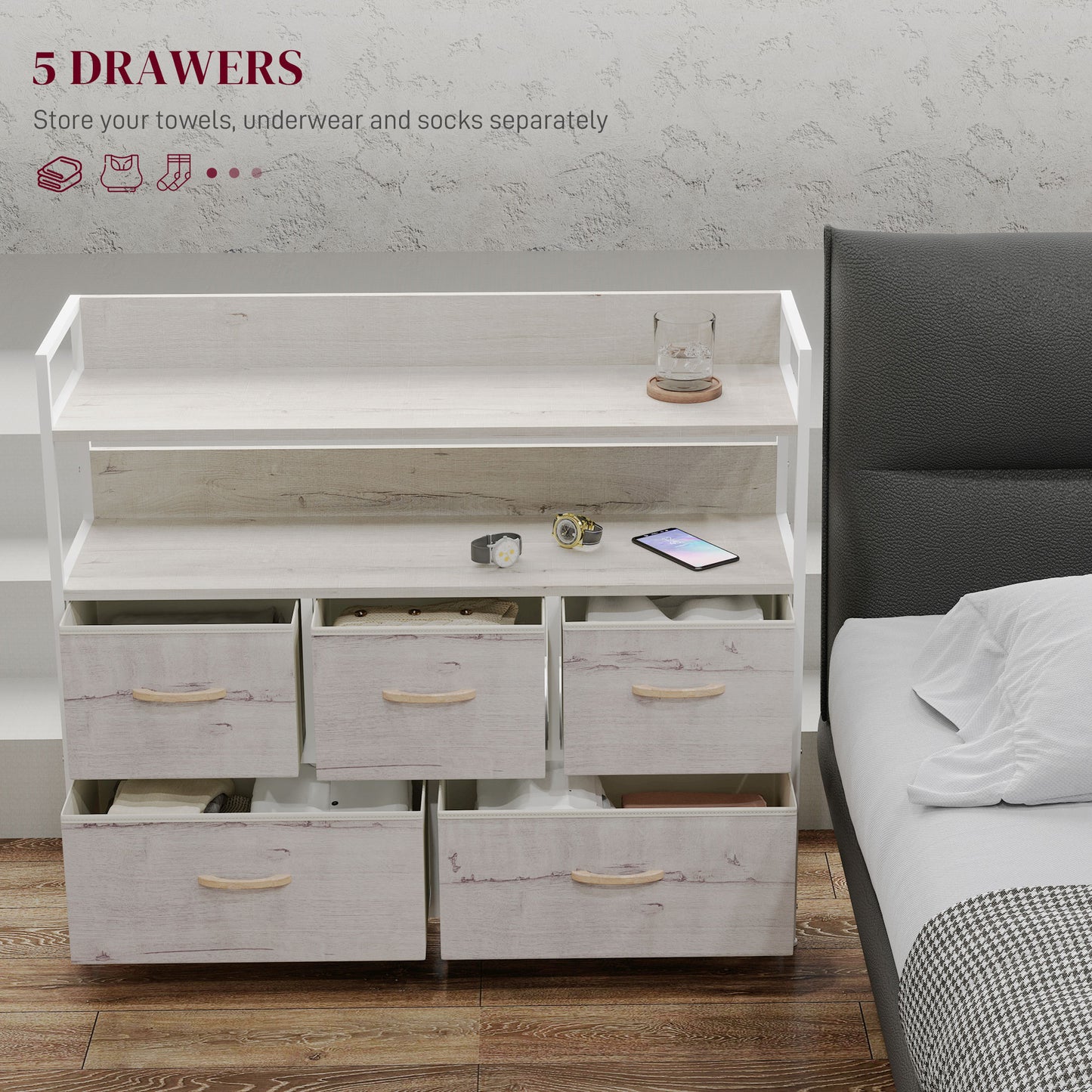 Bedroom Chest of Drawers 5 Drawer Dresser w/ Shelves, Natural