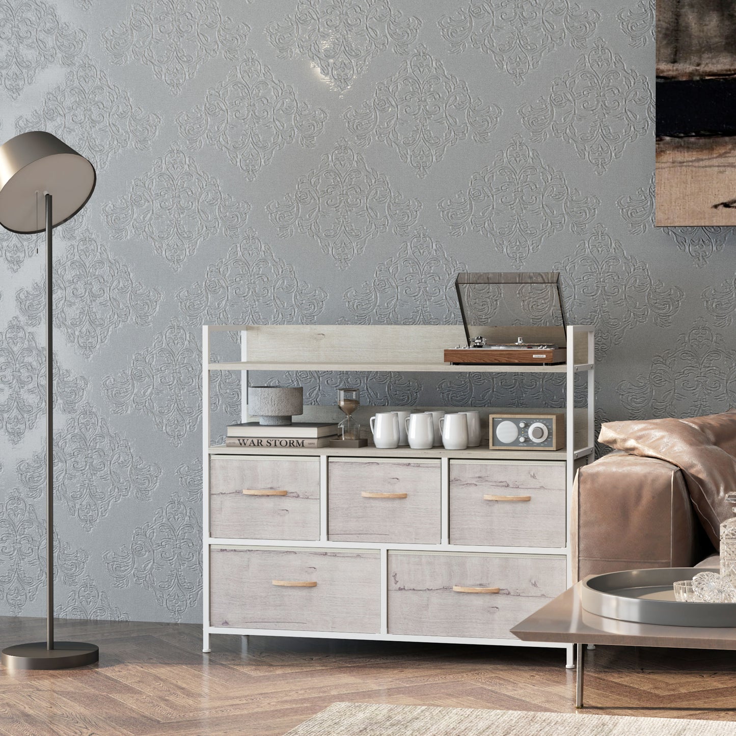 Bedroom Chest of Drawers 5 Drawer Dresser w/ Shelves, Natural