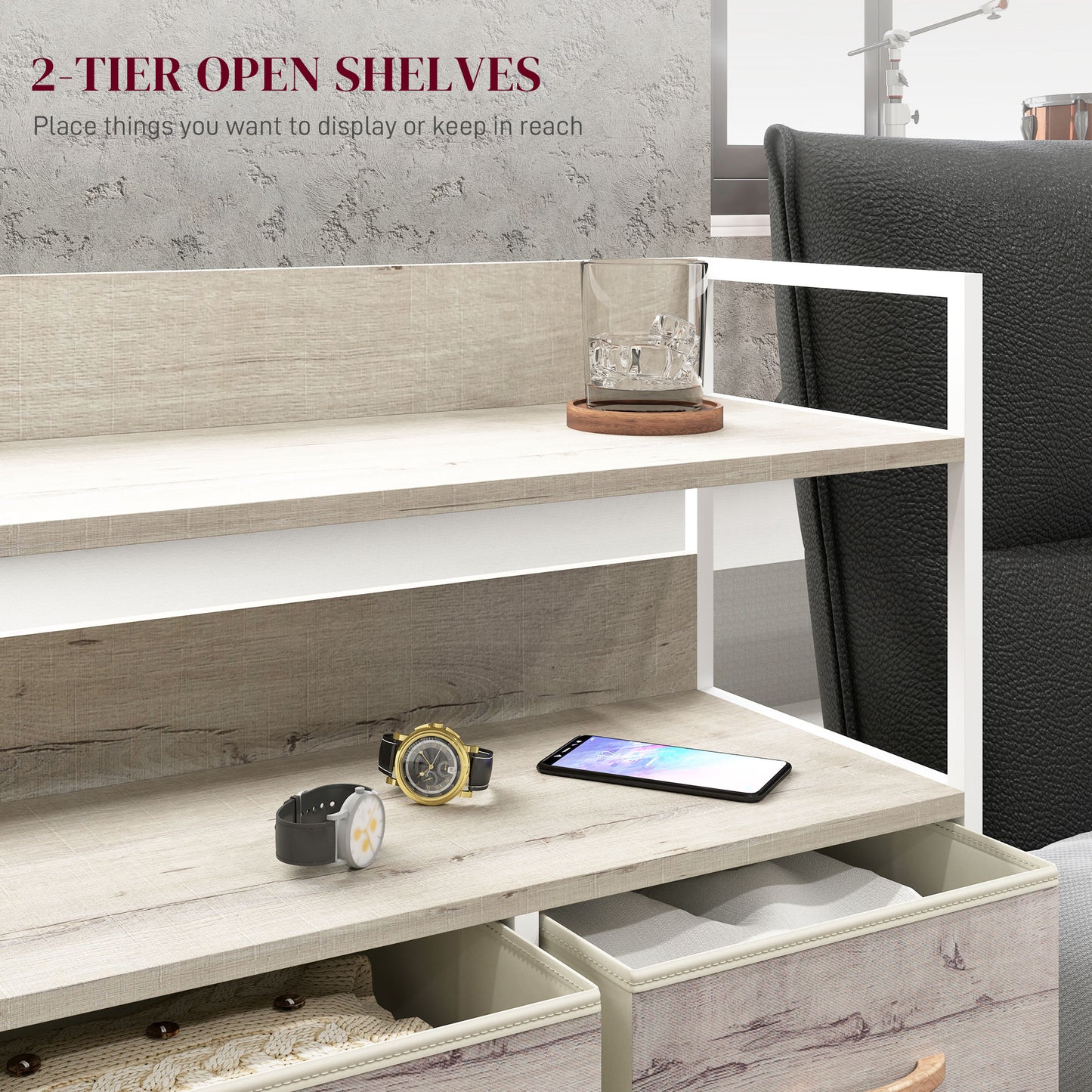 Bedroom Chest of Drawers 5 Drawer Dresser w/ Shelves, Natural