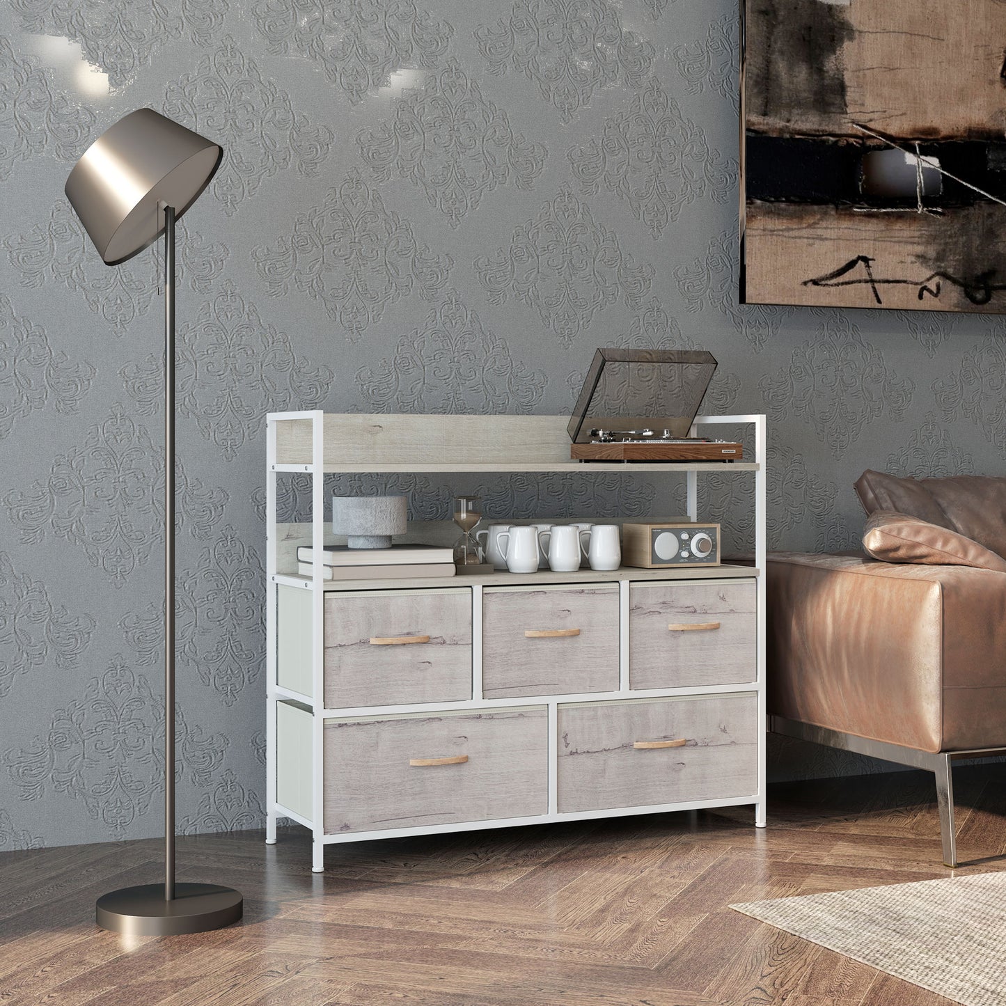 Bedroom Chest of Drawers 5 Drawer Dresser w/ Shelves, Natural