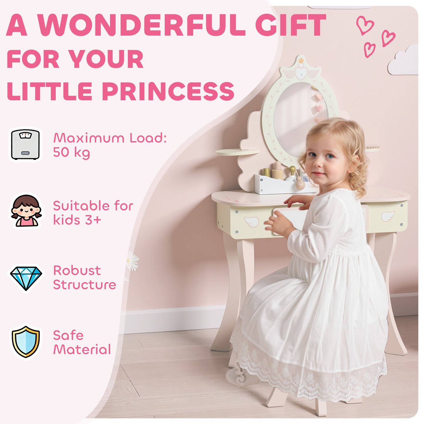 Kids Dressing Table, Girls Vanity Set w/ Stool, 7 Play Accessories