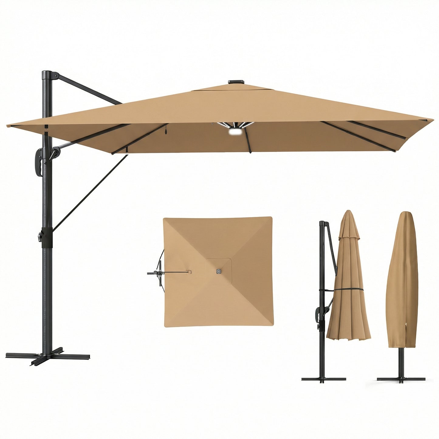 3 x 3 m Garden Cantilever Parasol w/ Light, Cover, Wind Protection