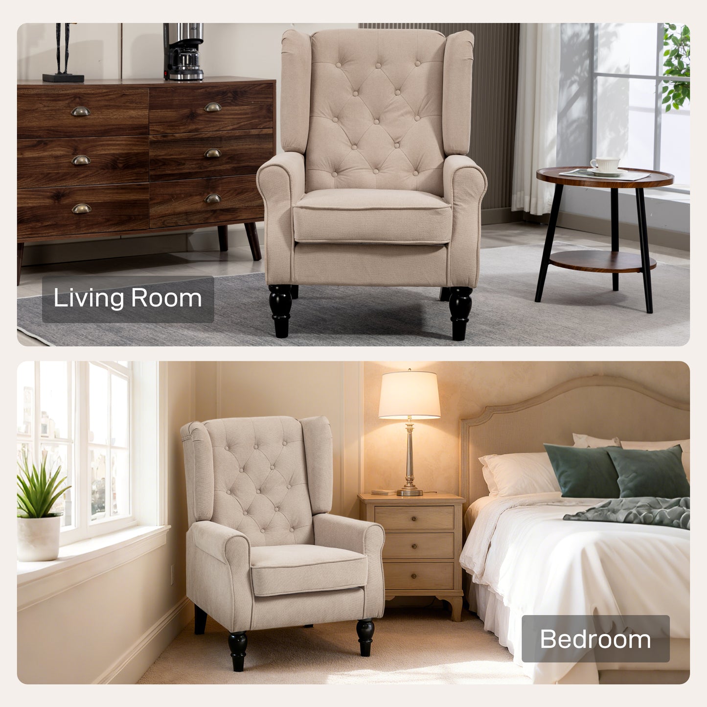 Accent Armchair Home Furniture Retro Tufted Club Wood Fabric, Beige