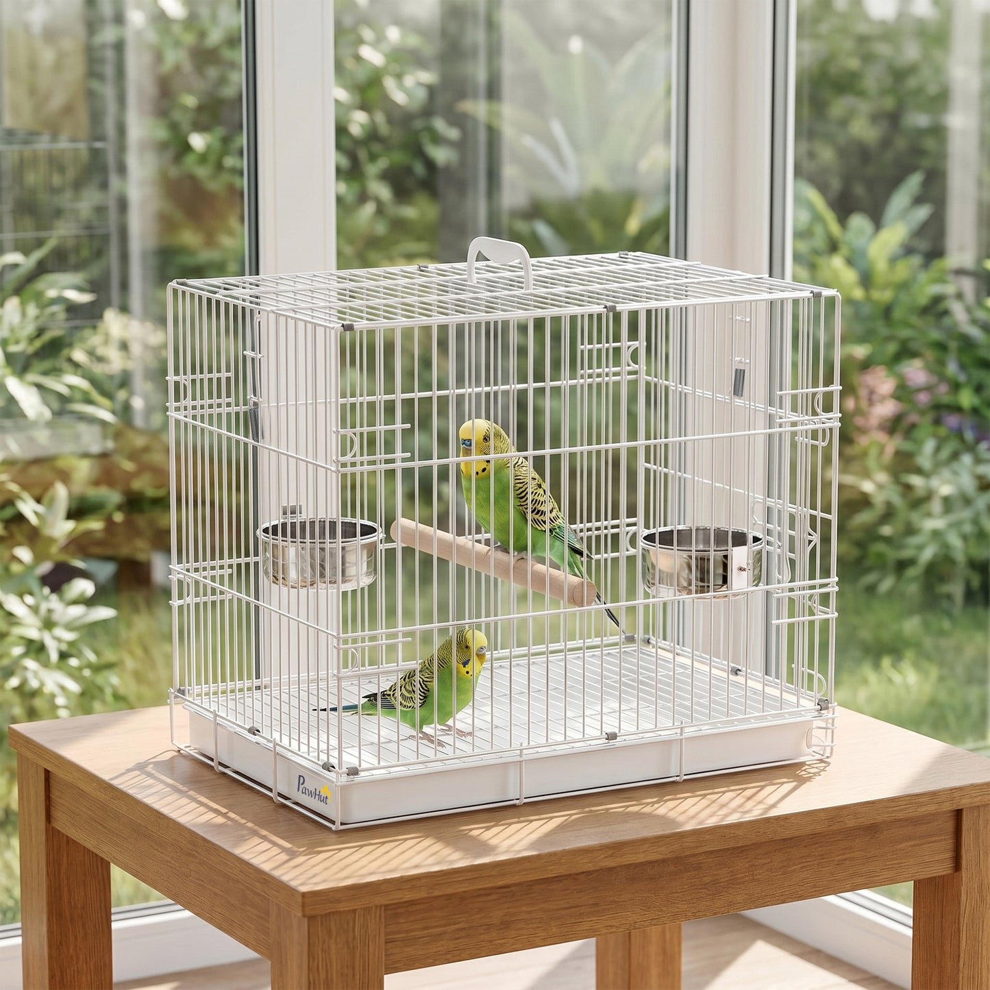 Foldable Bird Cages, Metal Parrot Cage with Wooden Perch, 2 Bowls and Top Handle for Cockatiels, Parakeets, Finches, 49 x 31 x 40 cm, White
