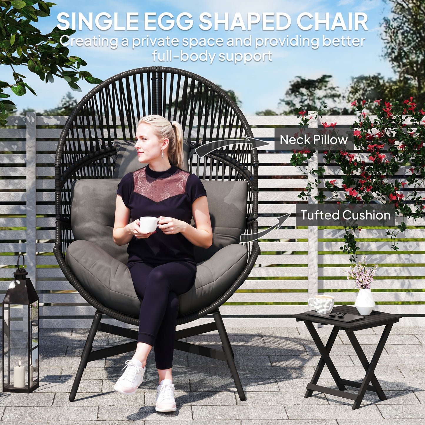 Standing Rattan Garden Egg Chair with Headrest, Charcoal Grey