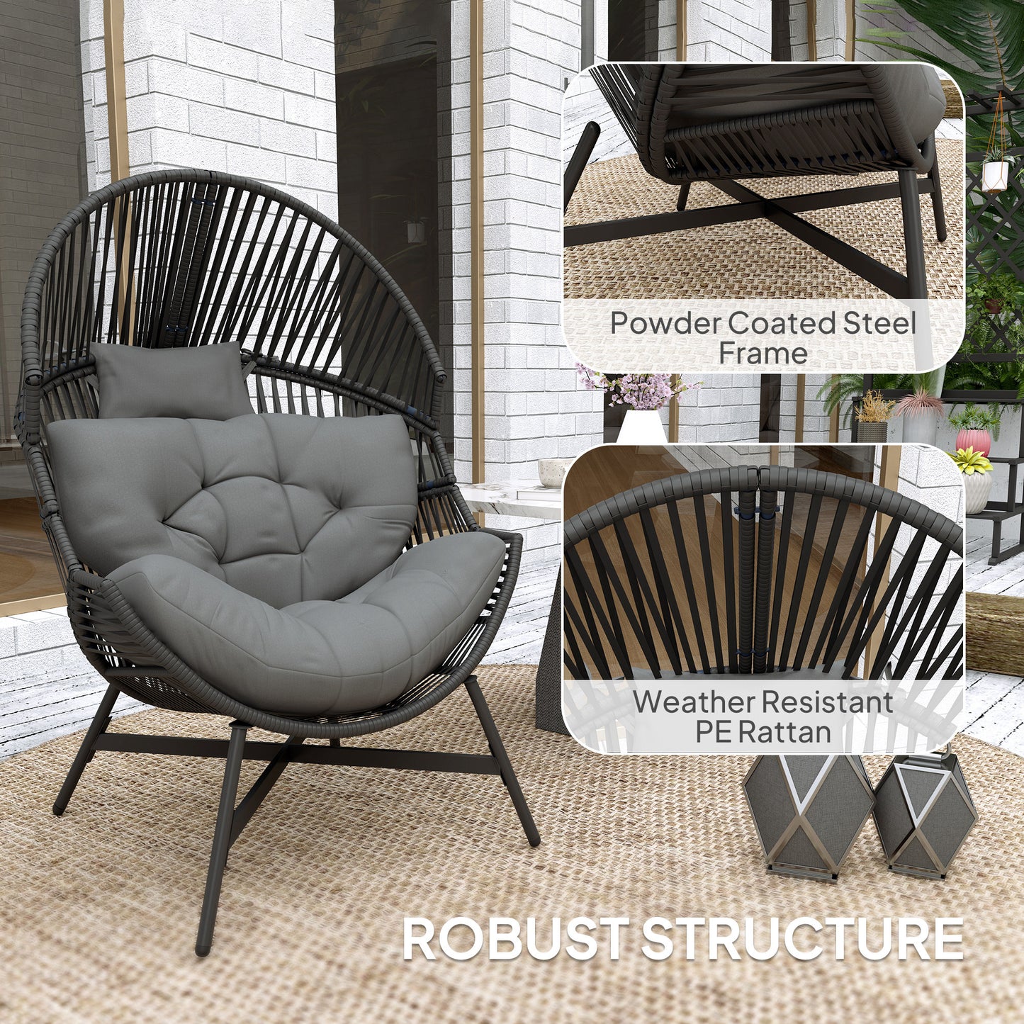 Standing Rattan Garden Egg Chair with Headrest, Charcoal Grey