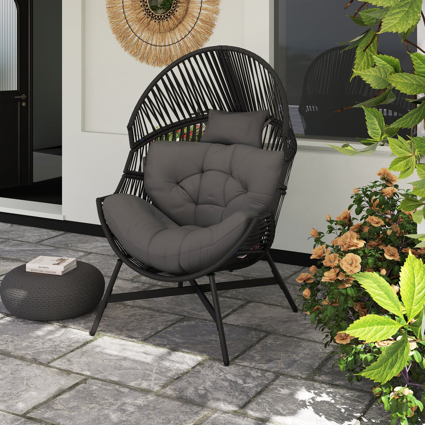 Standing Rattan Garden Egg Chair with Headrest, Charcoal Grey