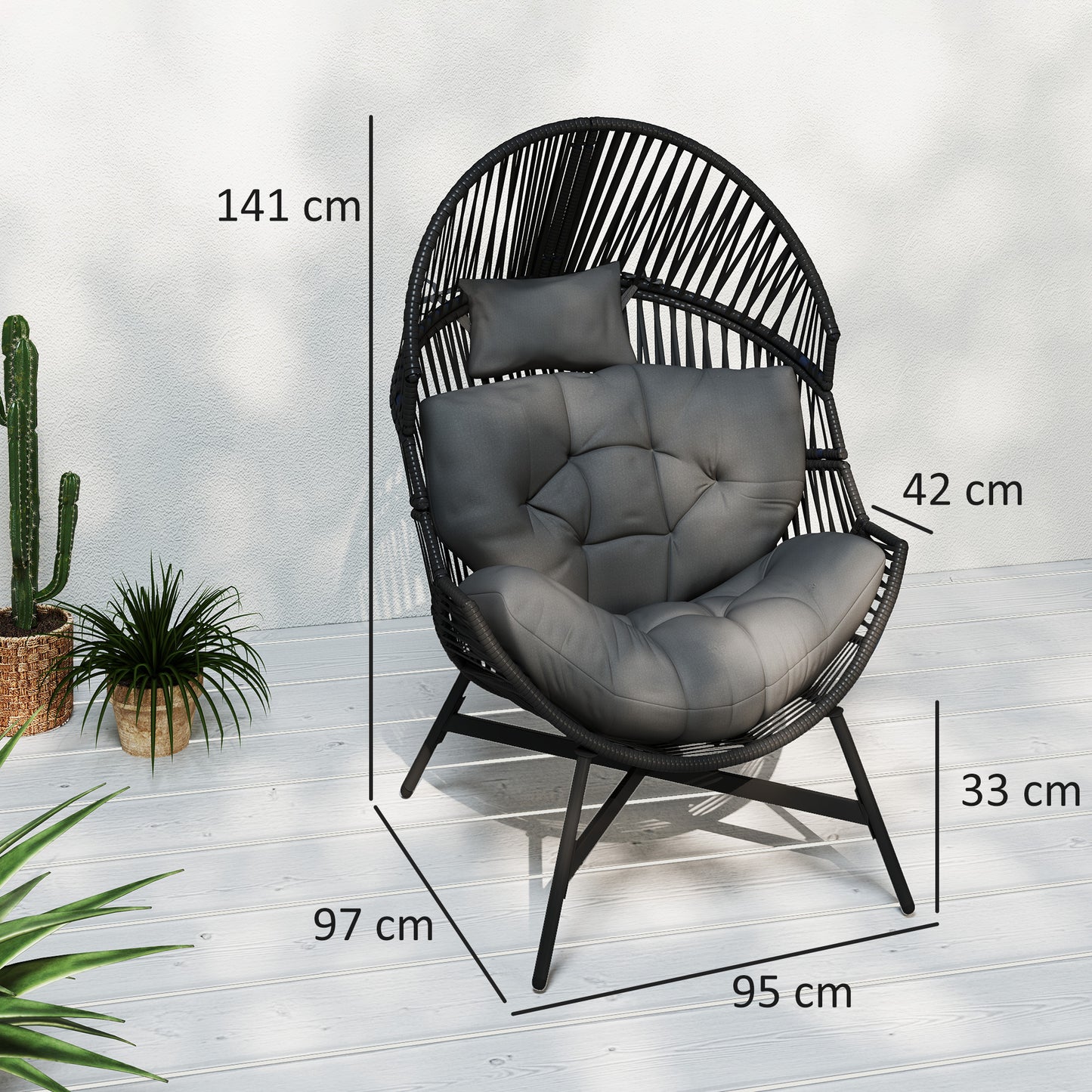 Standing Rattan Garden Egg Chair with Headrest, Charcoal Grey
