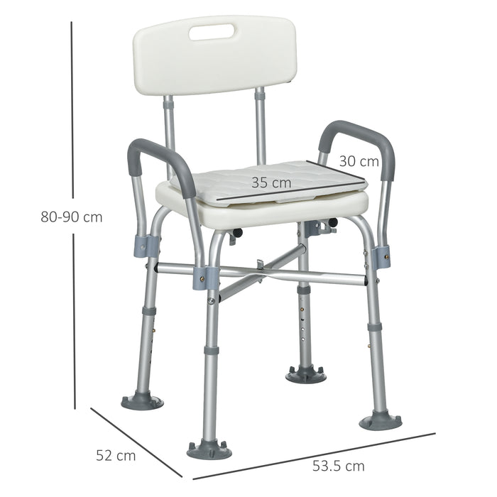 Aluminium Shower Chair with Backs and Arms, Height Adjustable Shower Seat w/ Removable Padded Cushion, Bath Stool, White