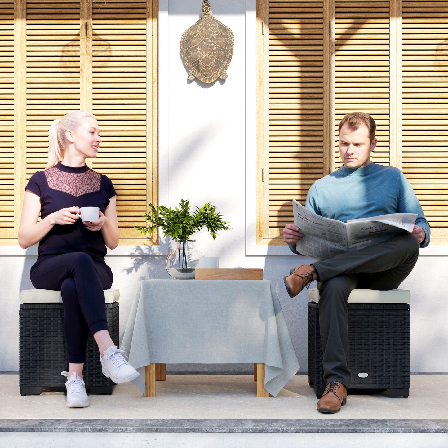 Set of 2 Rattan Footstool, Storage Ottoman w/ Cushions, Cream