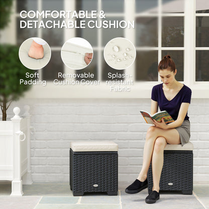 Set of 2 Rattan Footstool, Storage Ottoman w/ Cushions, Cream