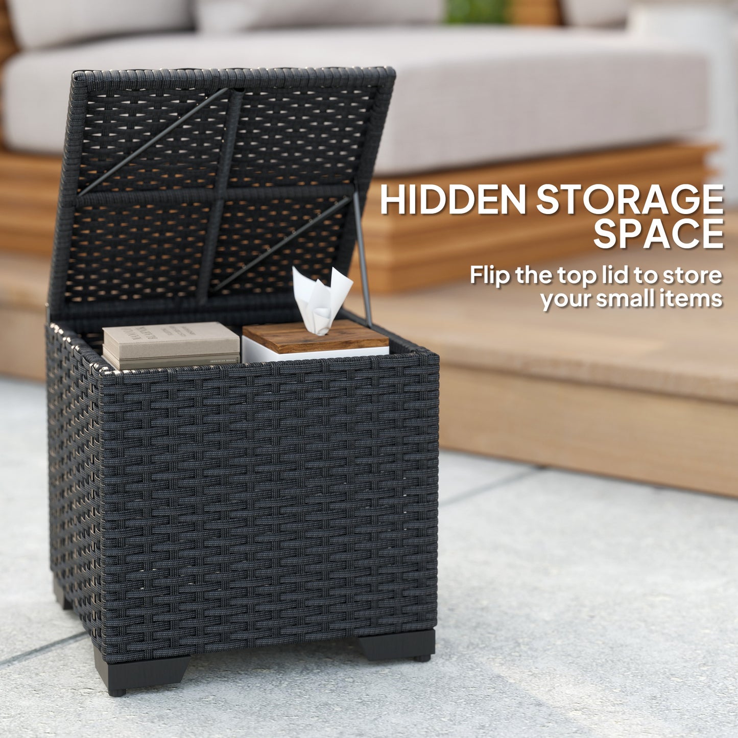 Set of 2 Rattan Footstool, Storage Ottoman w/ Cushions, Cream