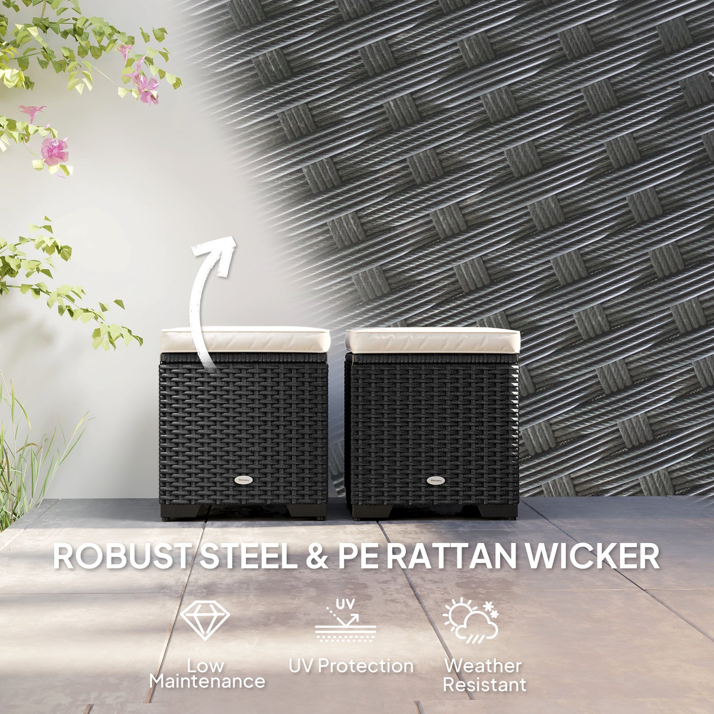 Set of 2 Rattan Footstool, Storage Ottoman w/ Cushions, Cream