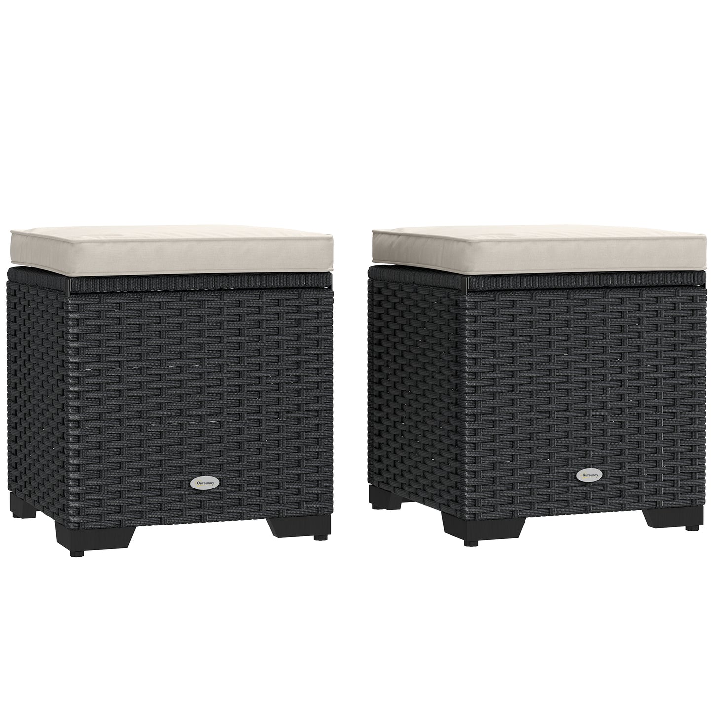 Set of 2 Rattan Footstool, Storage Ottoman w/ Cushions, Cream