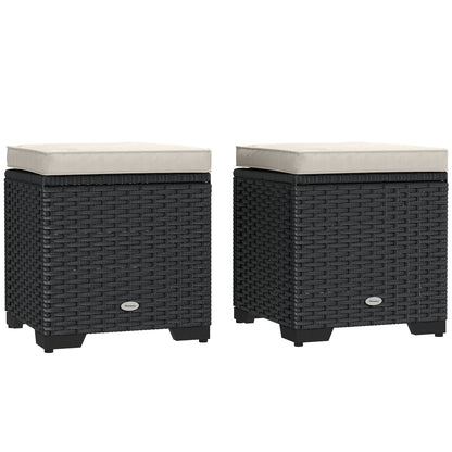 Set of 2 Rattan Footstool, Storage Ottoman w/ Cushions, Cream