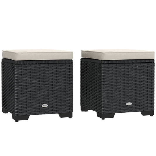 Set of 2 Rattan Footstool, Storage Ottoman w/ Cushions, Cream