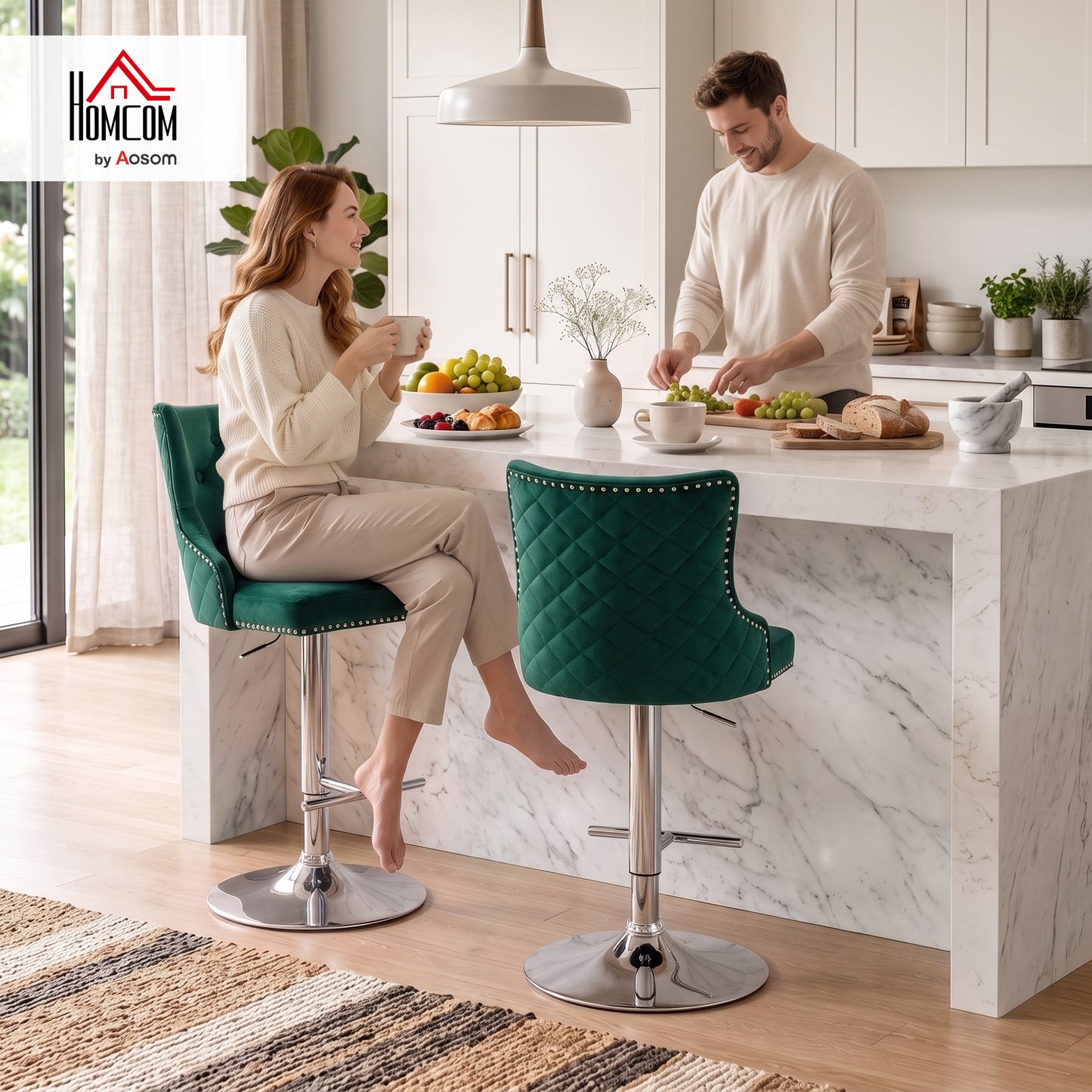 Bar Stools Set of 2, Swivel Velvet Barstools with Footrest, Green