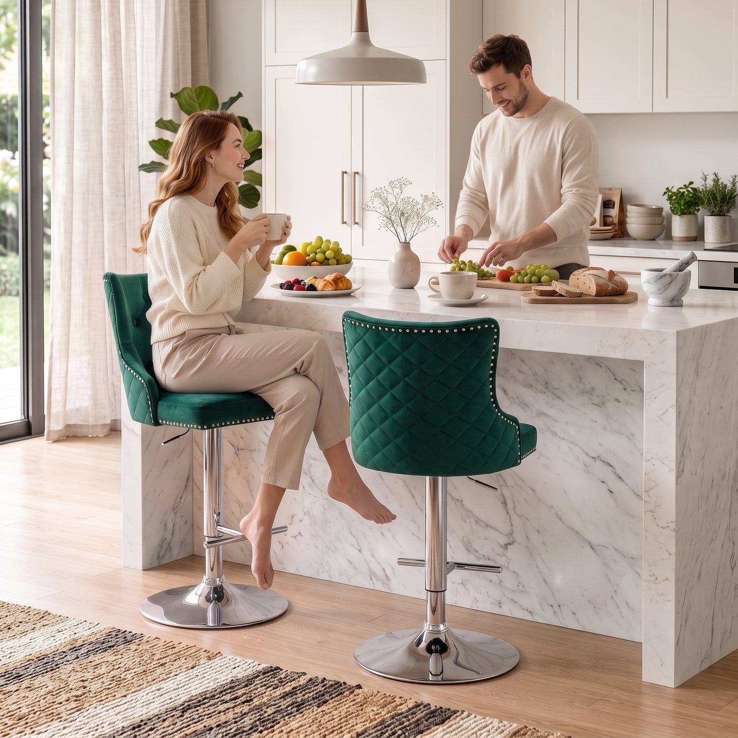 Bar Stools Set of 2, Swivel Velvet Barstools with Footrest, Green