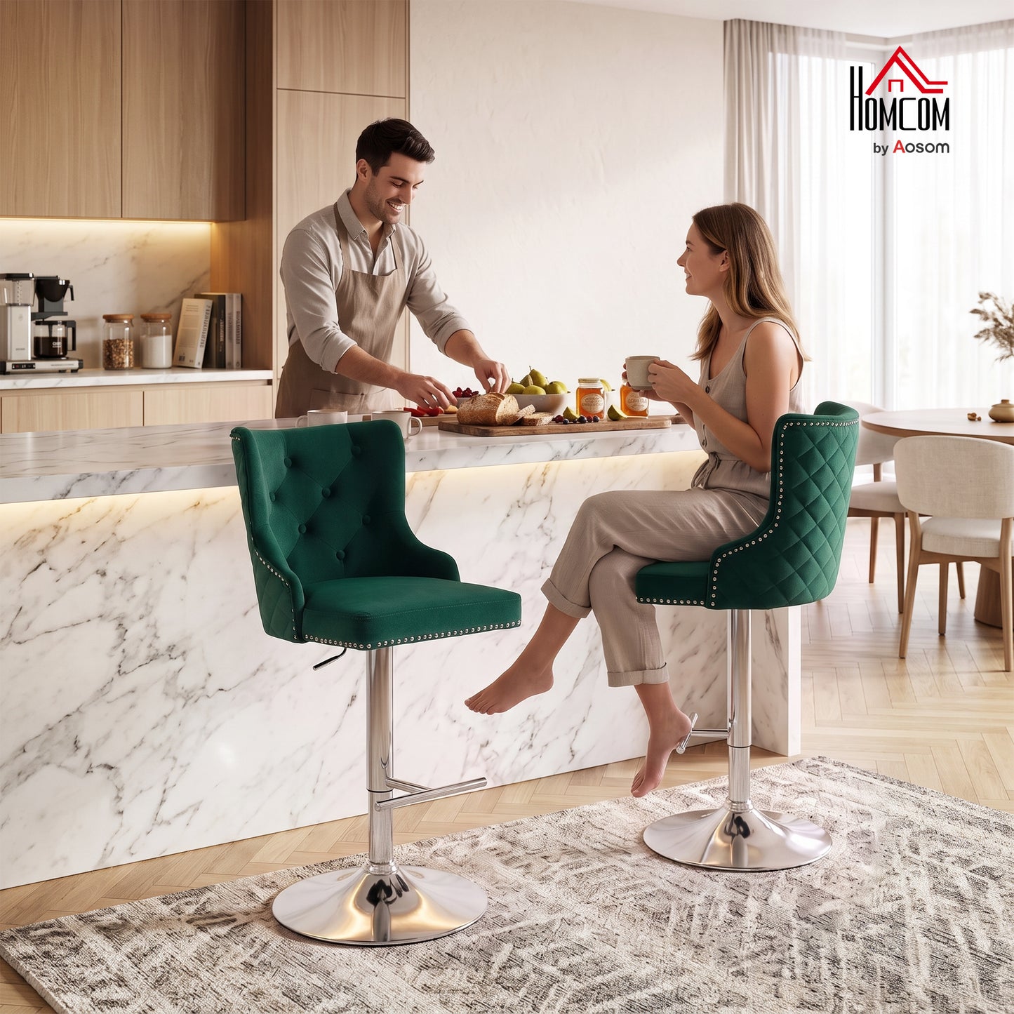 Bar Stools Set of 2, Swivel Velvet Barstools with Footrest, Green