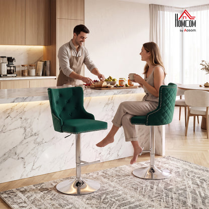 Bar Stools Set of 2, Swivel Velvet Barstools with Footrest, Green