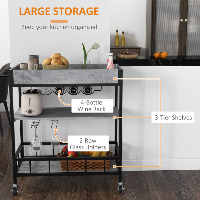 3-Tier Kitchen Cart, Kitchen Island with Storage Shelves, Removable Tray, Wine Racks, Glass Holders, Faux Marbled Grey